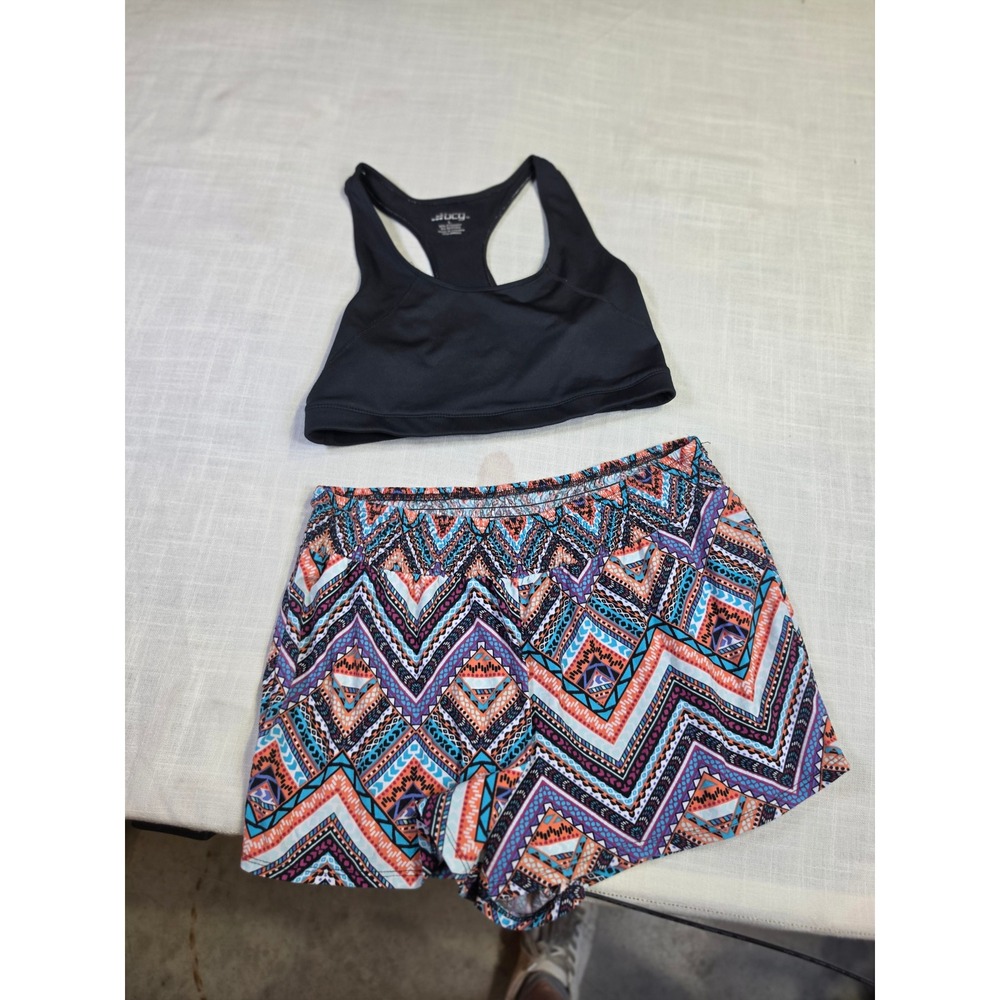 BCG Black Sports Bra & Bobbie Brooks Geometric Print Shorts Set Large